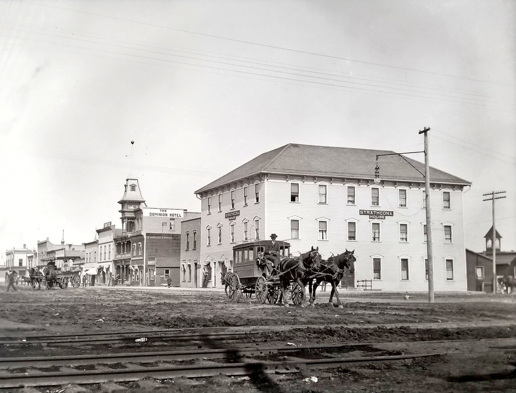 An antique photo of the Old Strathcona neighborhood in Edmonton, Alberta.